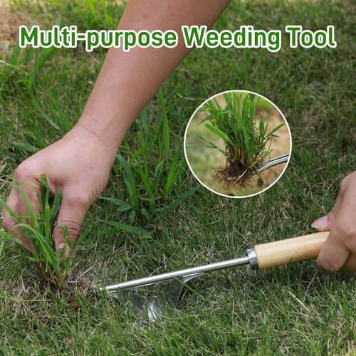 Zocipro Manual Weed Puller Tool, Hand Weed Remover Tool Garden Weed Puller with Wooden Handle, Stainless Steel Deep Root Weeder Tools Weed Picker Tool for Patio Lawn Garden Yard