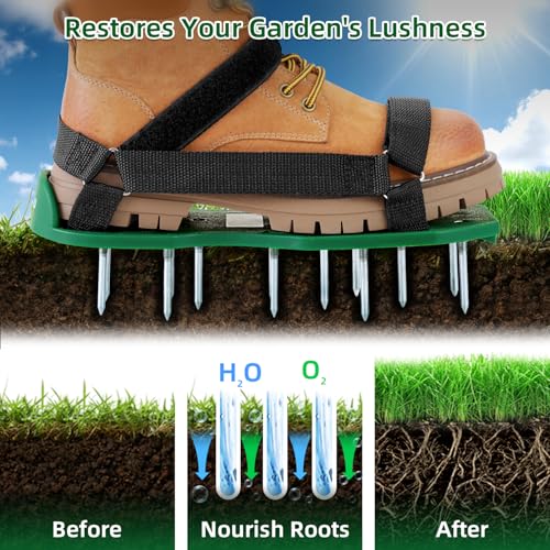 Ohuhu Lawn Aerator Shoes with Stainless Steel Shovel, Free-Installation Aerating Shoes with Hook & Loop Straps, Heavy Duty Spiked Aerating Sandals, Universal Size for Yard Patio Garden Grass Lawn