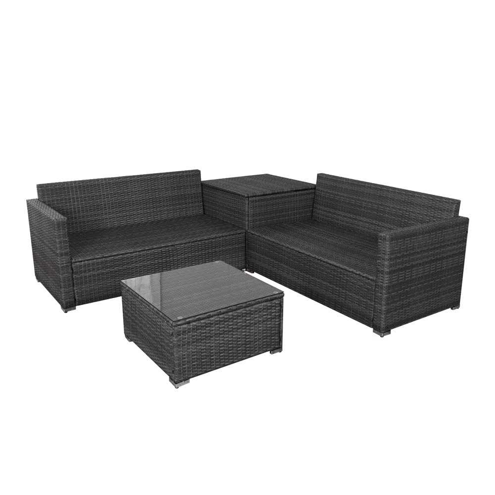 Panana 4 Seater Rattan Furniture Set Lounge Corner Sofa Set with Storage Cabinet, Coffee Table, Furniture Cover for Garden Patio Outdoor (Grey Wicker with Grey Cushions)