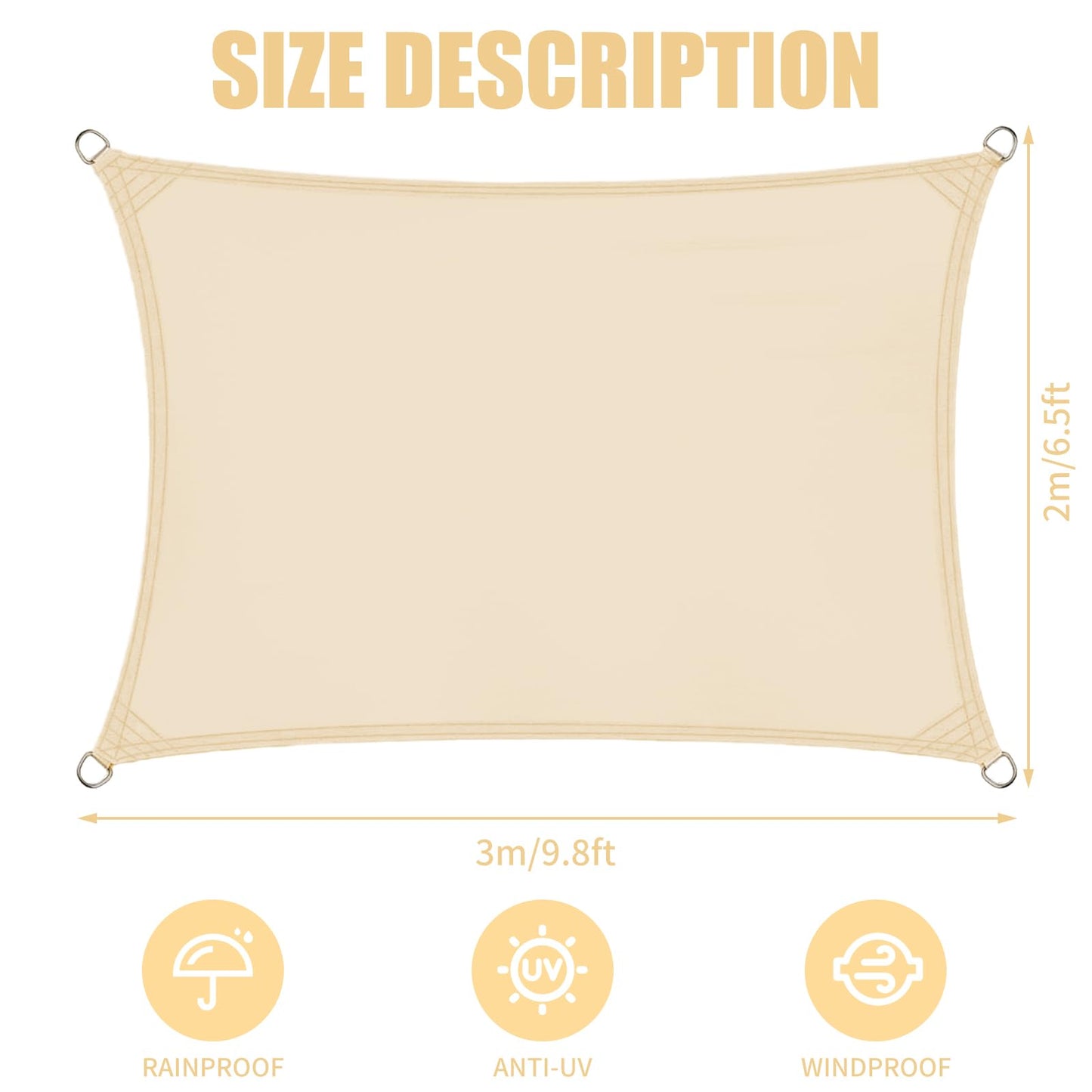 ZOUFRIDN Sun Shade Sail Waterproof 3m x 2m Rectangle Shade Sails Waterproof Outdoor Garden Patio Party Sunscreen Awning Canopy 98% UV Block With Rope for Outdoors, Garden, Patio, Yard, Party, Beige