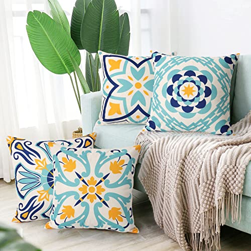 Dremisland Waterproof Throw Cushion Covers 45x45cm Set of 4 Spring Cushion Covers Outdoor Boho Farmhouse Cushion Case Flowers Decorative Garden Pillowcases for Home Bedroom Sofa Patio