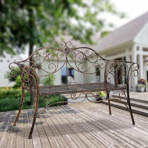 HLC Metal Antique Garden Benches Clearance Outdoor wrought iron Bench 2 Seat with Decorative Cast Iron Backrest Iron Cast Aluminium Bench for Garden,Patio, Porch and Yard Max 250kg (Brown)