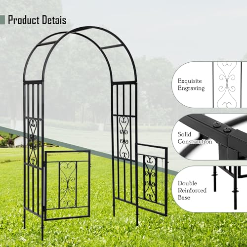 CyyKcc Black Garden Arbour Arch with Gate, Heavy Duty Metal Plant Climbing Arch Frame for Wedding, Party, Garden Pergola Arbor Trellis with Doors for Indoor, Outdoor