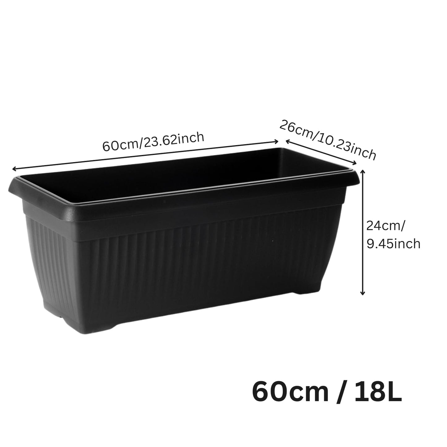B2C Balcony box Trough Plant Pot Plastic Bel Garden Patio Planter Terra 60 70 80cm Rectangle Classic Terracotta Anthracite Long Flower Pot (Anthracite, 60cm)