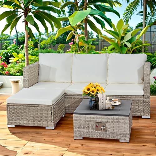 Aweather Rattan Garden Furniture Set with Fire Pit Table 3 Pieces Outdoor Sectional Sofa Set, CSA Certification, All Weather Wicker Patio Conversation Sets for Garden, Poolside, Backyard