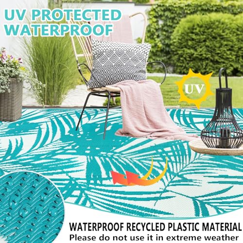 Famiaby Outdoor Rugs Waterproof Large Patio Garden Rugs Portable Camping Mat Lightweight Picnic Blanket Floor Mat for Balcony Deck Backyard Porch Beach BBQ (Teal, 180 x 270 cm)