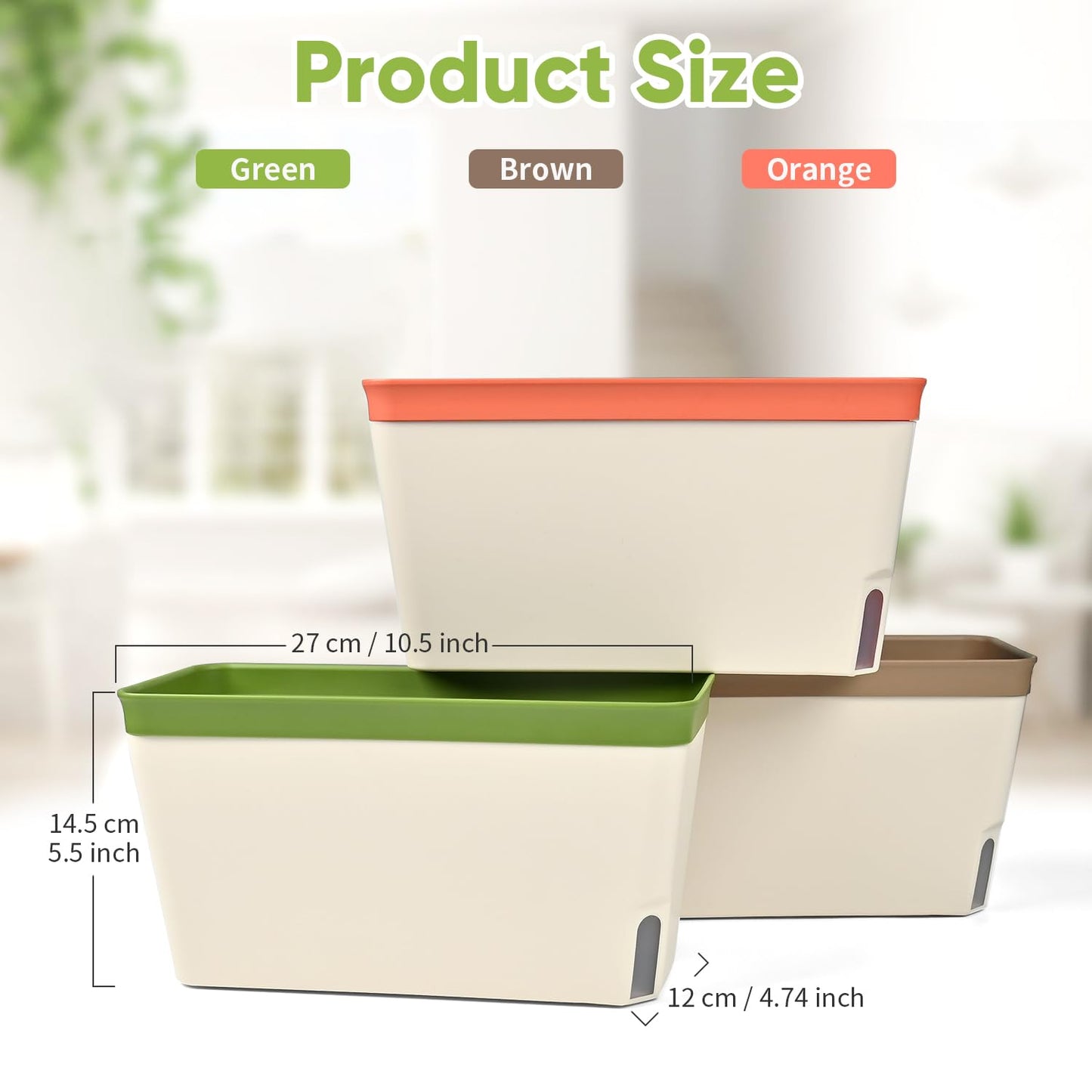 Fuyuleyo Self Watering Plant Pots 27CM, Set of 3 Rectangular Windowsill Herb Planter Box with Visual Water Level Window, Modern Plastic Herb Flower Pots for Indoor Outdoor Garden Balcony Planters