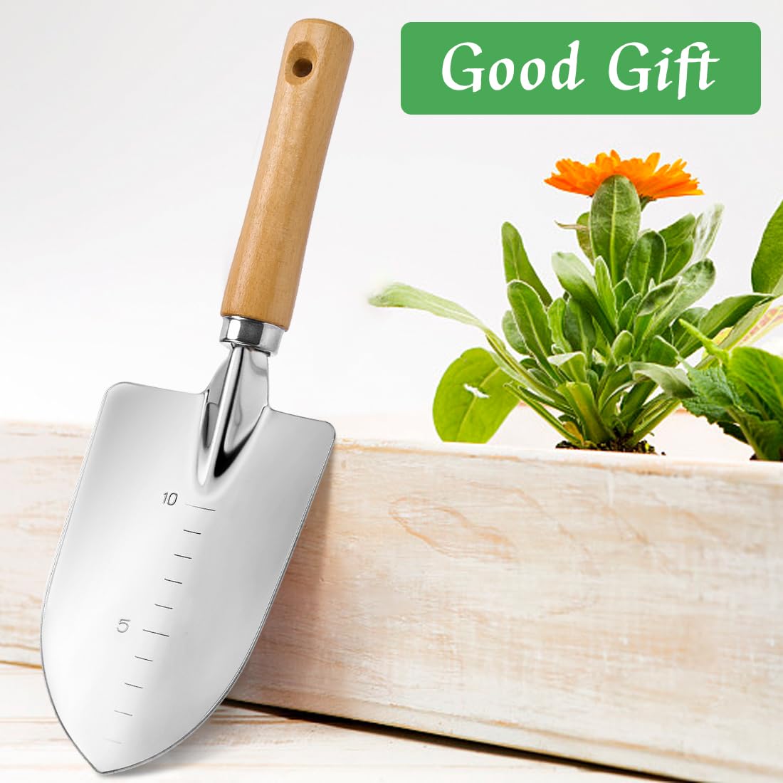 Garden Trowel with Wood Handle, Aluminum Alloy Garden Shovel with Scale, Multifunctional Wide Shovel for Planting Transplanting Weeding Digging