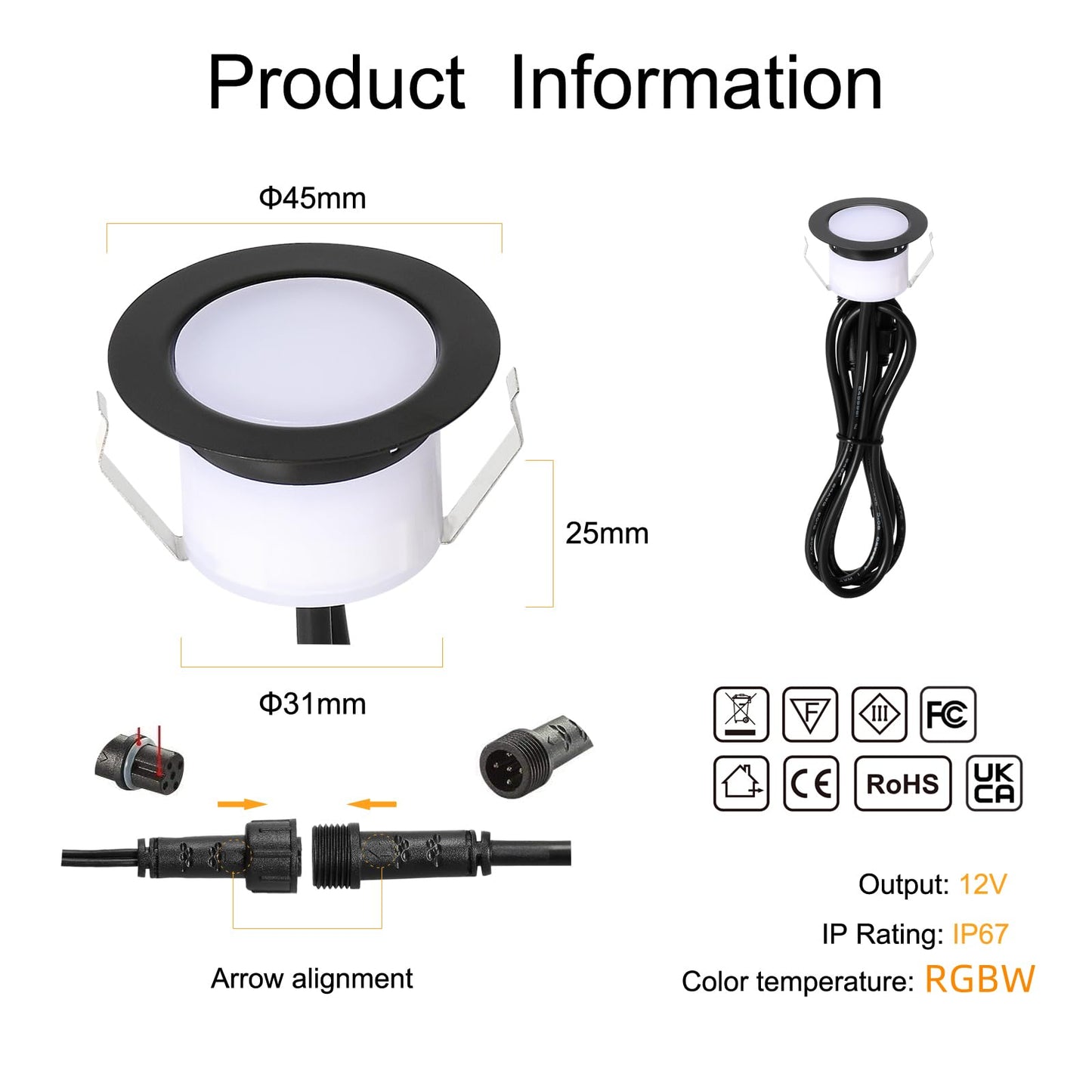 GEYUEYA Home LED Decking Lights RGBW, Ø45MM 12V Deck Light (RGB-Warm White) Led Plinth Light Kits for Terrace/Patio/Garden/Decoration-6 Packs