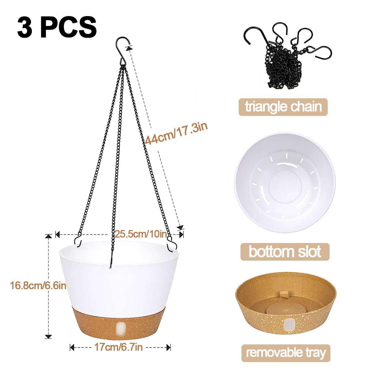 LSRVNM 3 Pack Hanging Plant Pot, Self Watering Planter with Removable Visible Water Tray Drainage Holes Chain Hooks, Hanging Flower Pot for Indoor Outdoor Garden (White)