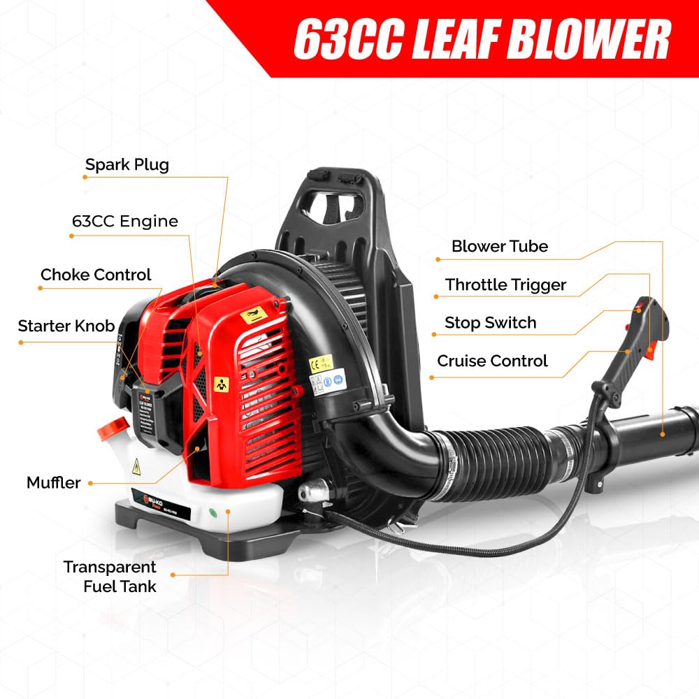 BU-KO 63CC Petrol Backpack Leaf Blower - Powerful 2 Stroke Air Cooled Engine - Lightweight With New and Improved Padded Support Straps While Using - Safety Gear