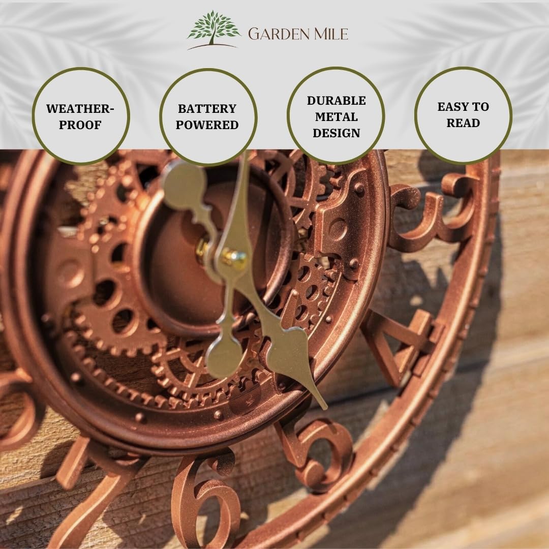 Homezone Large Bronze 30cm Open Faced Skeleton Mechanical garden clock Battery Power Operated Quartz Waterproof Weatherproof Garden Clock - Indoor or Outdoor home Kitchen Living Room Decor Clocks