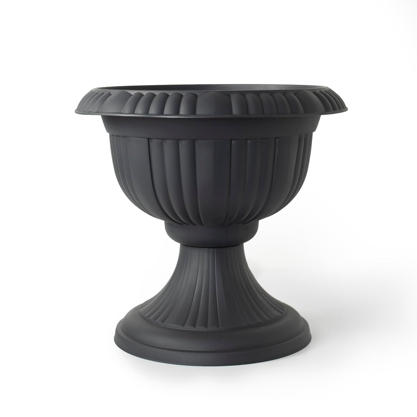 Koopp Large 36cm Urn Planter on Flower Pedestal, Slate Grey | Lightweight, Durable Rippled Plastic Ornamental Plant Pot | UV Resistant Decorative Garden & Home Planter, Indoor/Outdoor Rustic Plant Pot