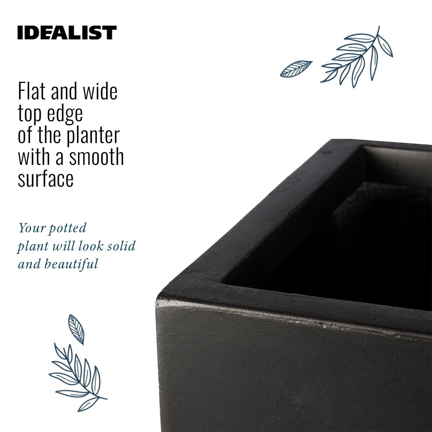 IDEALIST 50cm Large Square Planter for Trees | Black Reinforced Stone Flower Pot with Drainage Holes L50 W50 H50.5 cm, 92 litres