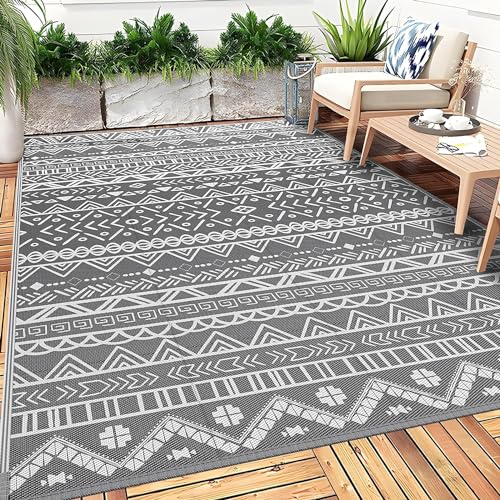 Grey Plastic Straw Patio Carpet for Garden, Deck, Picnic, Beach - 245x150cm Waterproof Outdoor Rug