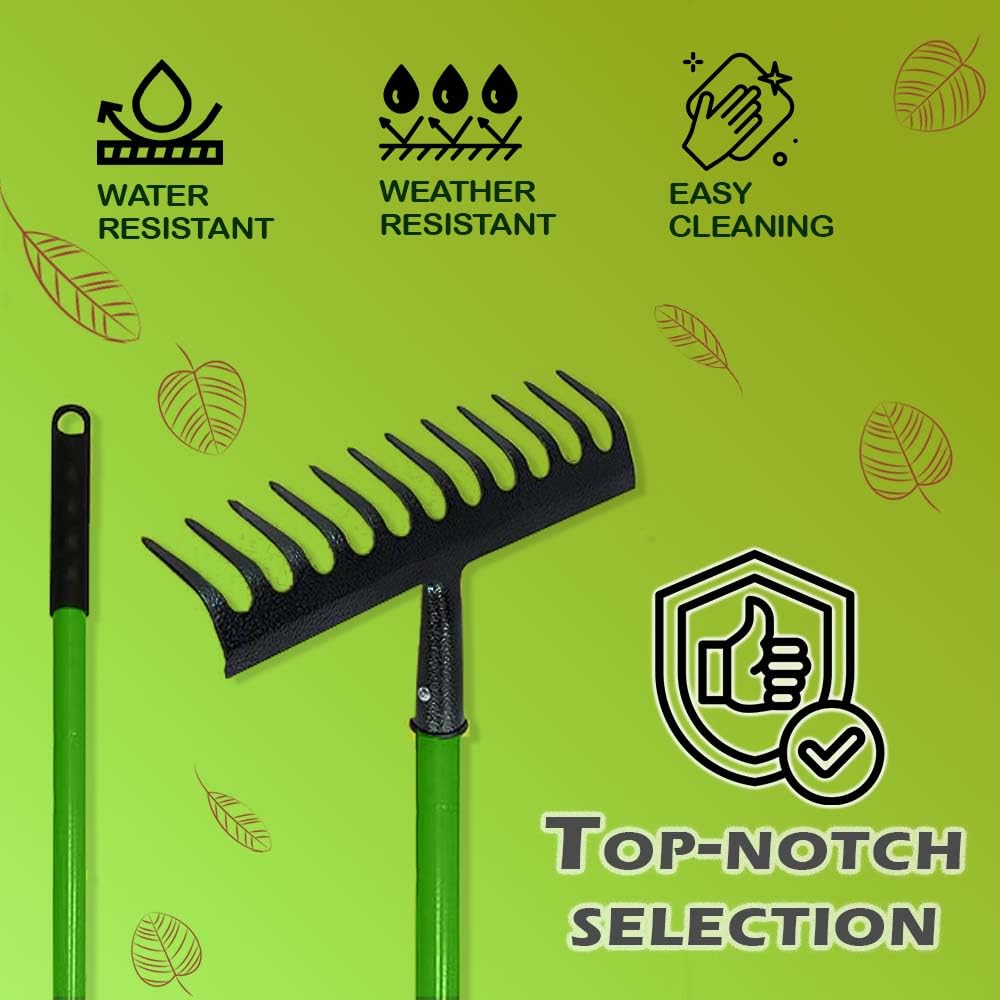KKTECH Carbon Fibre Garden Rake for Soil - Long Lasting, Durable, Lightweight, 12-Tine Metal Rake Head - Heavy Duty Garden Rake for Gardening - Green (120 x 32 x 9 ) cm