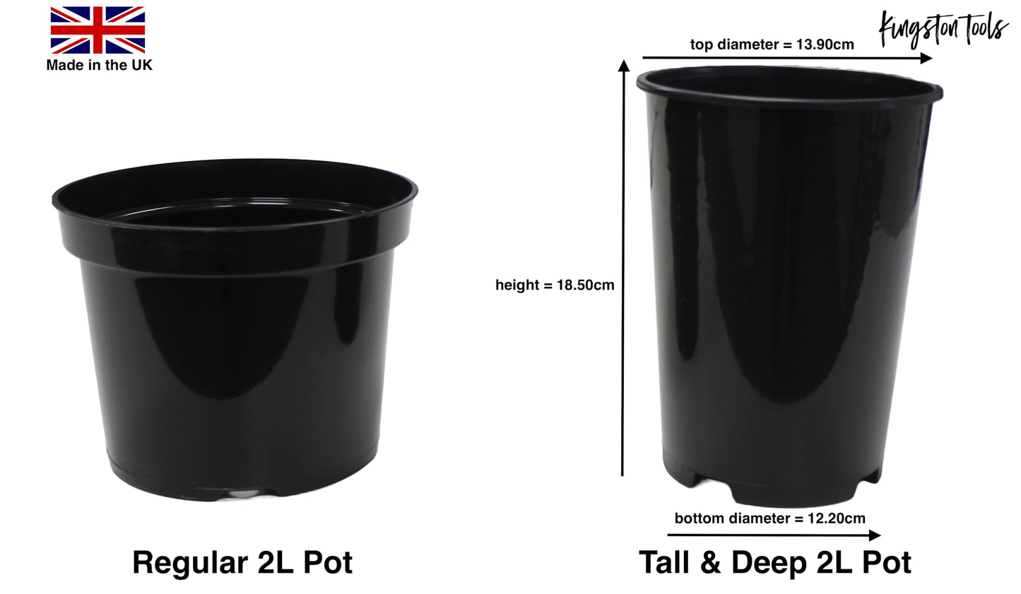 Kingston Tools 10x Extra Tall & Deep Premium 2L Black Plant Pots Recycled Plastics Made in the UK