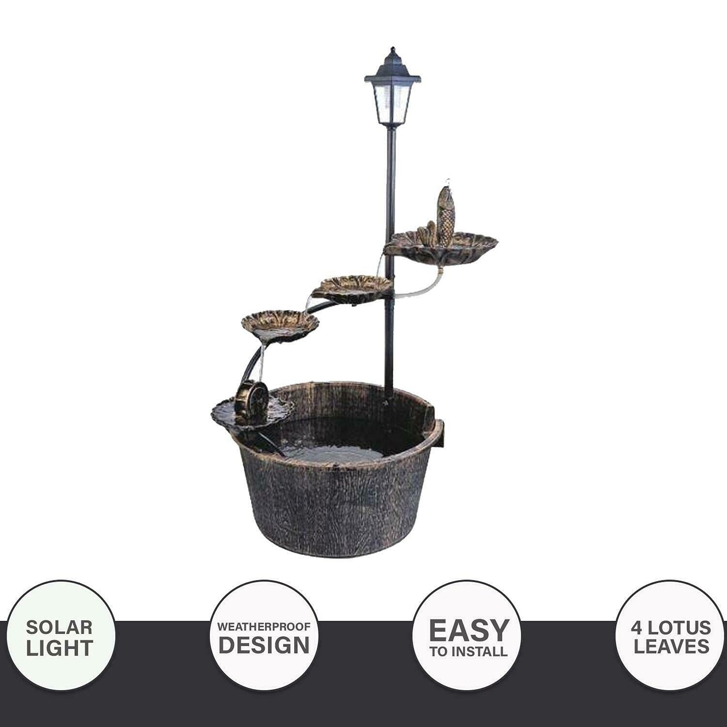 NIGMA® Garden Water Feature Fountain And Pump | Solar Lamp Post Light | Garden Ornament Fountain | 4 Lotus Leaves | Flowing Water Fountain