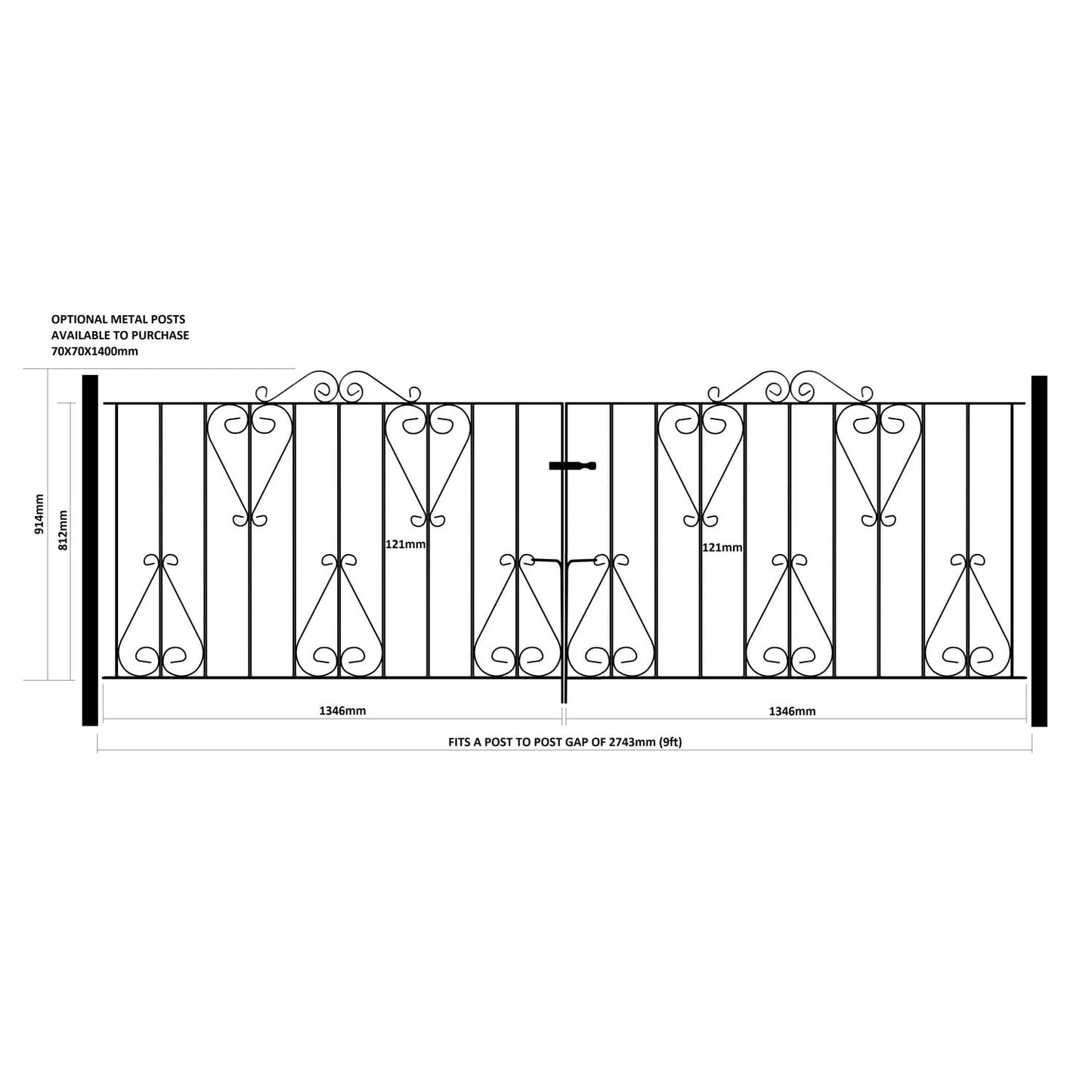 Classic Scroll Metal Garden Driveway Gates Galvanised Wrought Iron Style Gate (2743mm (9ft) Gap x 914mm High CDZP16)