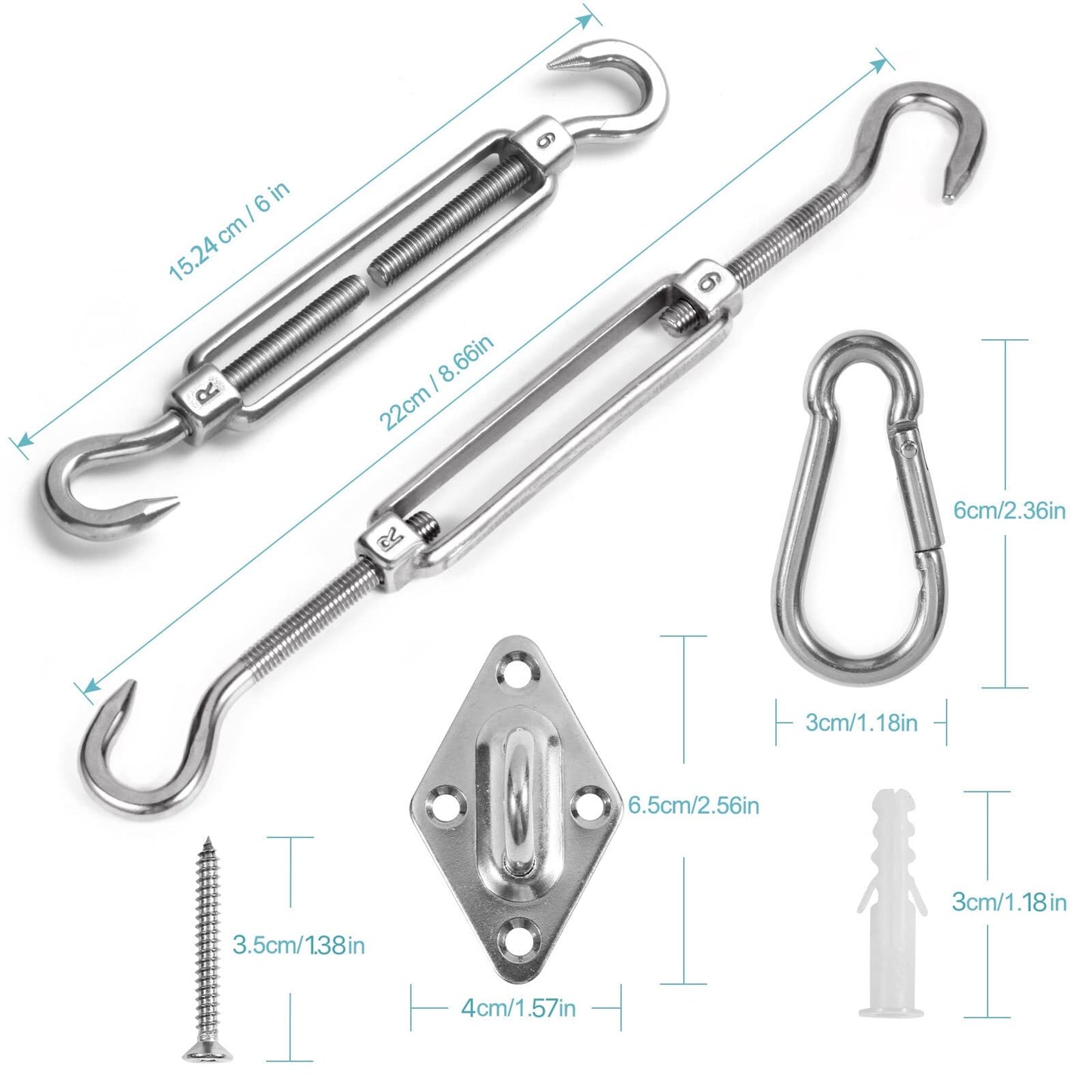 HOMPER M6 Awning Attachment Set, Heavy Duty Sun Shade Sail Stainless Steel Hardware Kit for Triangle and Square, Rectangle, Sun Shade Sail Fixing Accessories