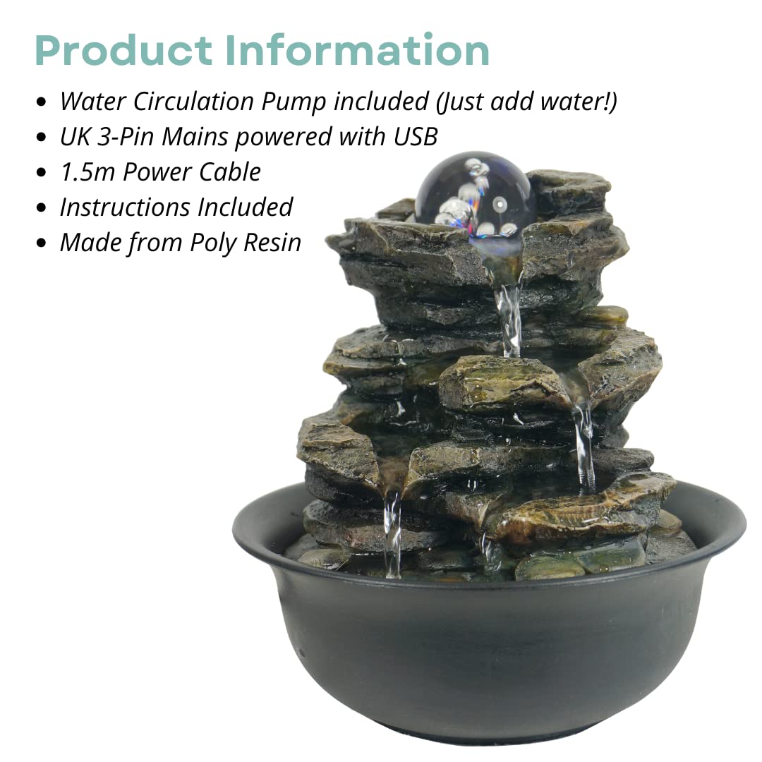 Heart of Nature Indoor Water Fountain with LED Light AND Colour Changing Spinning Ball USB Included