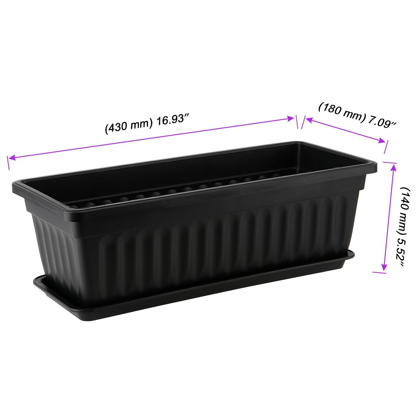 JOIKIT 6 PCS 17 Inch / 43cm Black Plastic Window Box Planter, Rectangular Flower Pot, Windowsill Planter with Removable Tray and Green Plant Label for Indoor, Outdoor