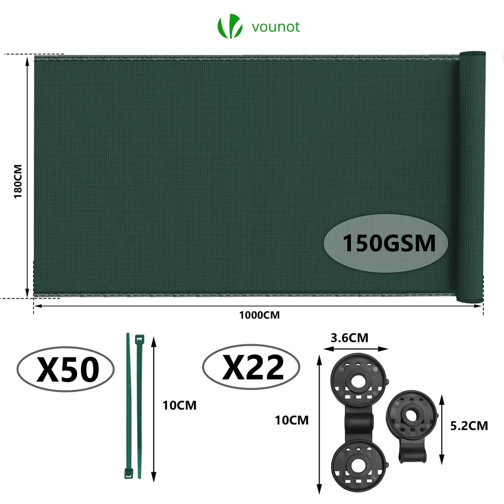 VOUNOT® Privacy Netting 1.8×10m Garden Screening 150 g/m² HDPE Shading Net, 85% Shading Rate UV-resistant, Tear-Resistant Windbreak Fencing with Holes and Cable Ties, Green