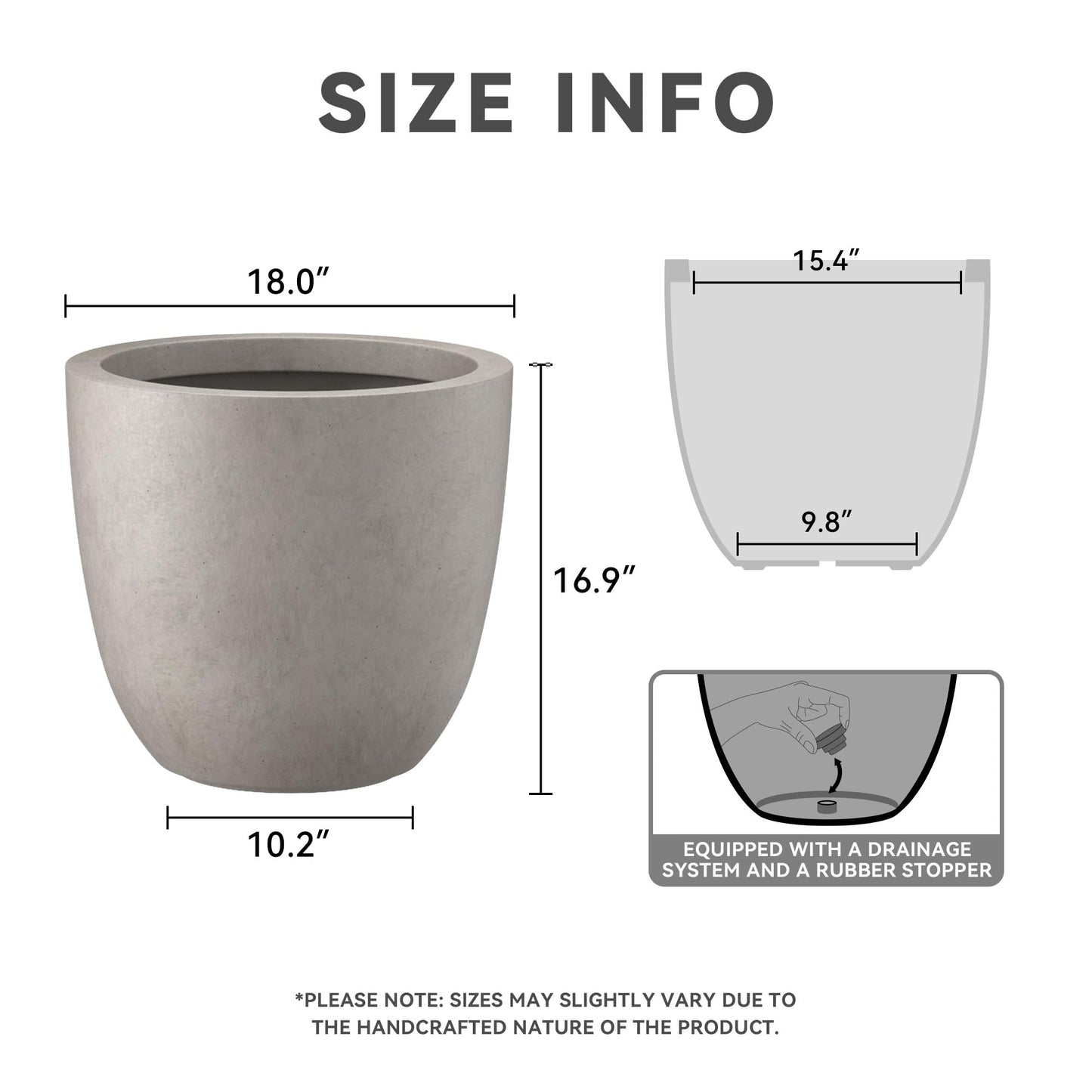 Kante 18 Inch Dia Round Concrete Planter, Indoor Outdoor Large Plant Pot with Drainage Hole and Rubber Plug for Home Patio Garden, Weathered Concrete