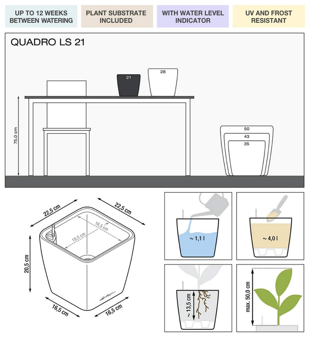 Lechuza Self Watering Plant Pot QUADRO LS 21 Garden Flower Indoor and Outdoor Plastic Small Planter with Drainage Hole H20 L21 W21 cm White High-Gloss
