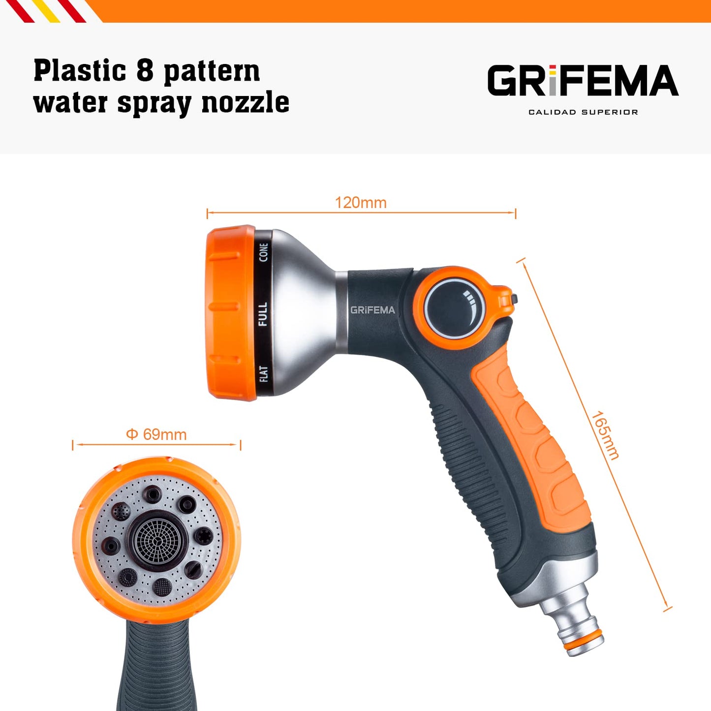 GRIFEMA GE1303 Garden Hose Pipe Spray Gun, 8 Adjustable Patterns Nozzles, High Pressure Garden Sprayer For Lawn & Garden Watering Equipment, Orange/Black