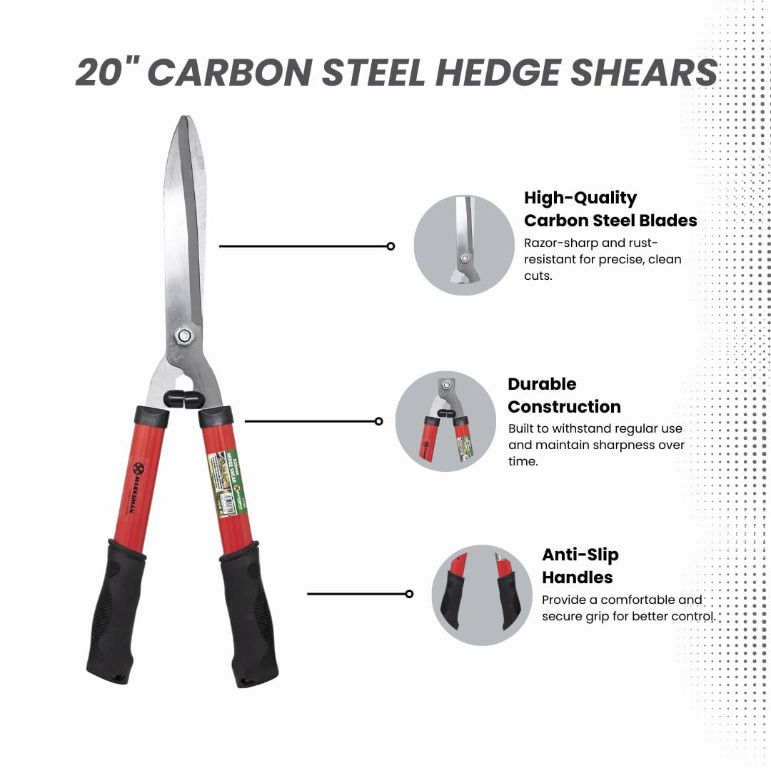 20" Carbon Steel Hedge Shears - Razor Sharp, Rust Resistant Blades - Lightweight Garden Trimmer for Grass, Shrubs, Bushes - Anti-Slip Handles for Easy Cutting