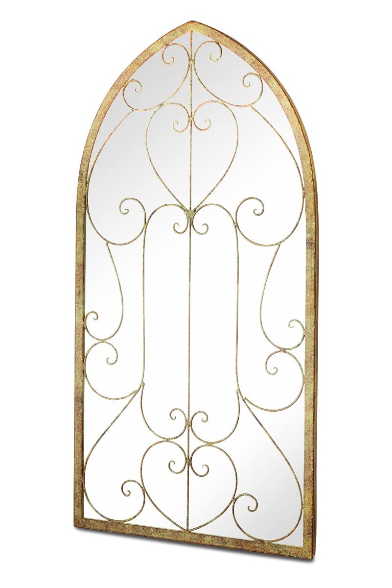 MirrorOutlet Large Metal Rustic Arched Shaped Window Garden Outdoor Mirror Gate 100cmX50cm, Champagne Silver,GM076