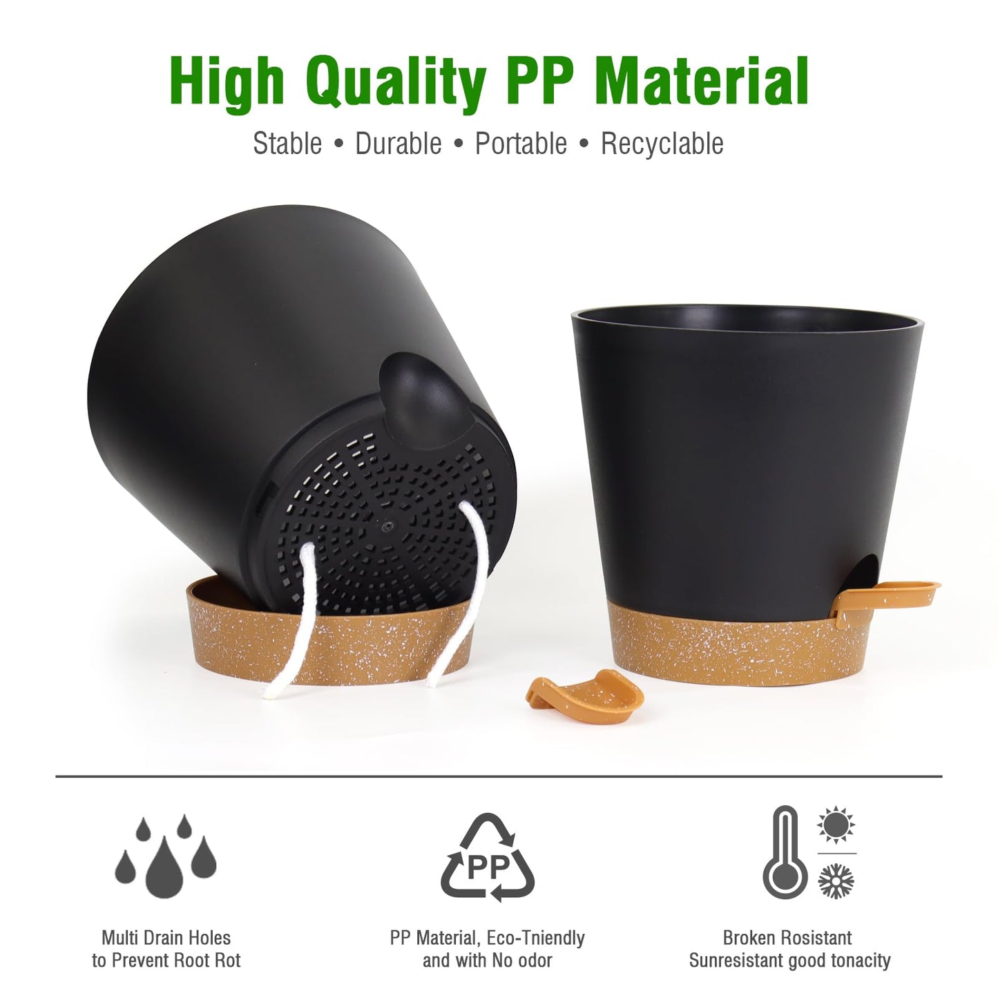 Homeuouz 6 Pack Plastic Plant Pots,Self Watering Plant Pots Indoor,20/17.5/16.5/15/14/12.5CM,Medium Flower Pots with Drainage Holes Saucer and Reservoir for All House Plants(Black)