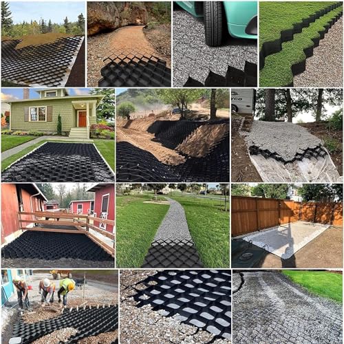 RENLXFI Geogrid Retaining Wall Reinforcement 4", HDPE Scalable Ground Geo Grid Driveway Ground Pavers for Landscaping, Black Permeable Paving Stabilizer with Drain Holes(6x20 m (20x66 ft))