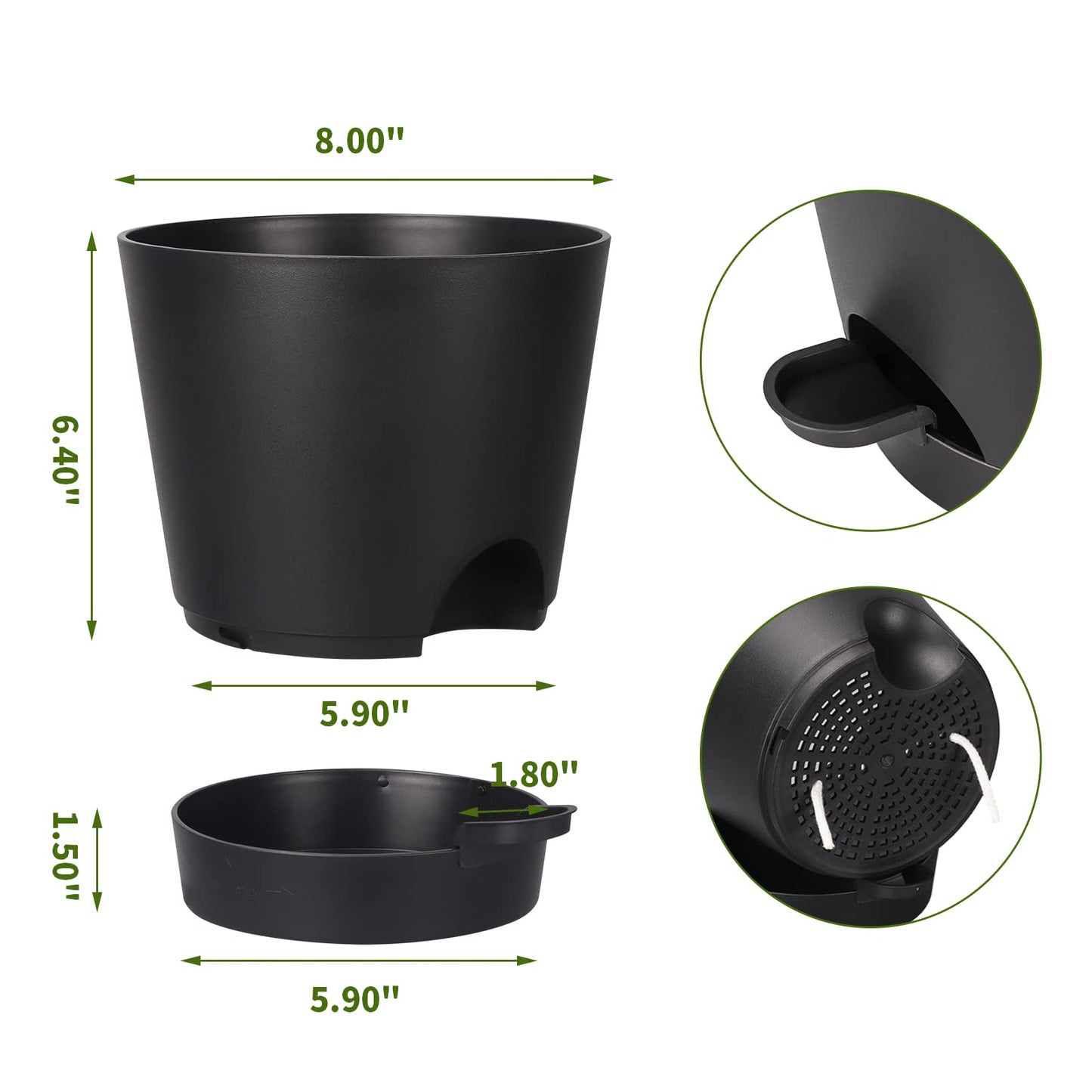 PETAFLOP Plastic Plant Pots 20cm Indoor, 6 Pack 8 Inch Self Watering Plant Pot with Drainage Hole, Saucers, Absorbent Rope and Watering Lip for House Plants, Black