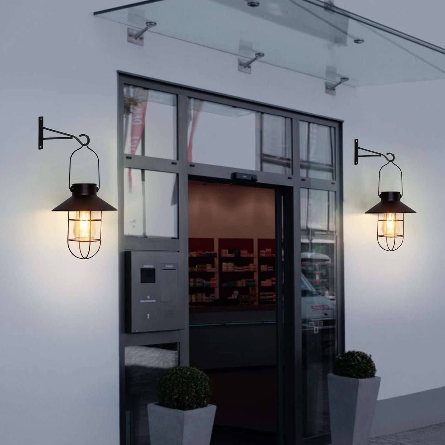 pearlstar Solar Lanterns Outdoor Metal Solar Powered Hanging Lights Waterproof for Wall Yard Garden Patio Garage Balcony Porch Fence Decor, Warm White Edison Bulb,with Wall Mount Kit(Black-2pack)