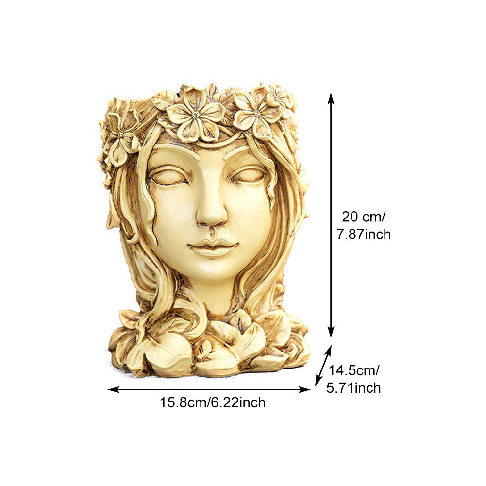 POHOVE Goddess Head Flower Pot Statue Head Cement Planter Flower Pot Resin Succulent Vase Face Goddess Head Design Succulents Plant Pot with Drainage Hole Home Office