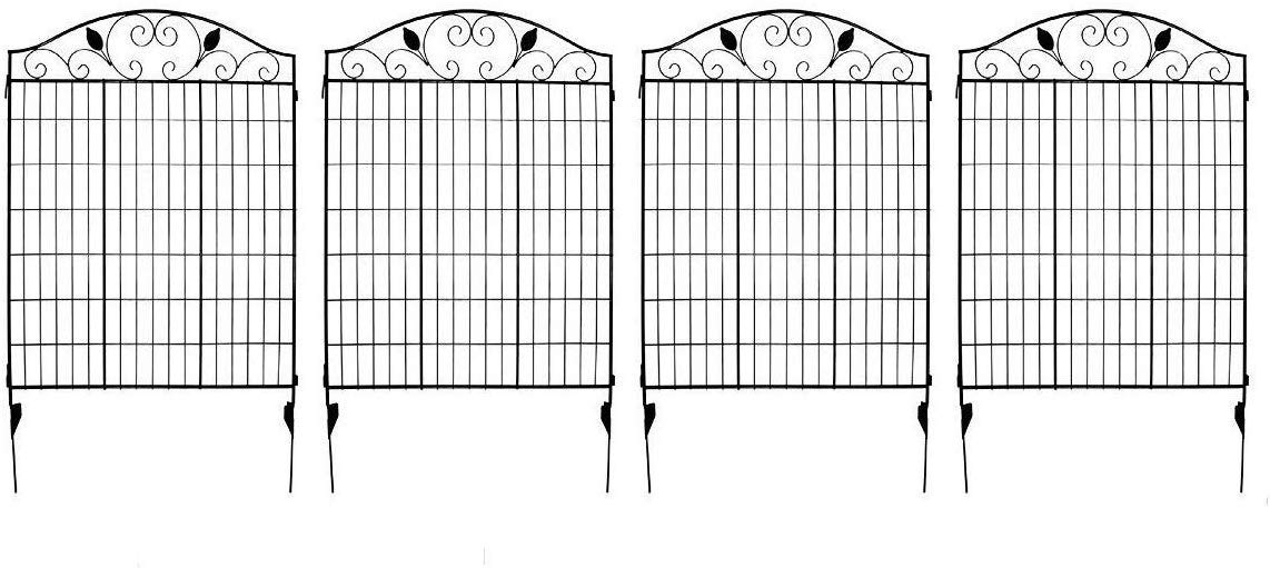 MTB Black Coated Garden Iron Style Metal Side Outdoor Patio Gate Steel Decorative Garden Fence Panel 112cm Hx 91cm W (4 Pack, Linear Length 12 feet) 2 Leaves, Metal Border Folding Fence