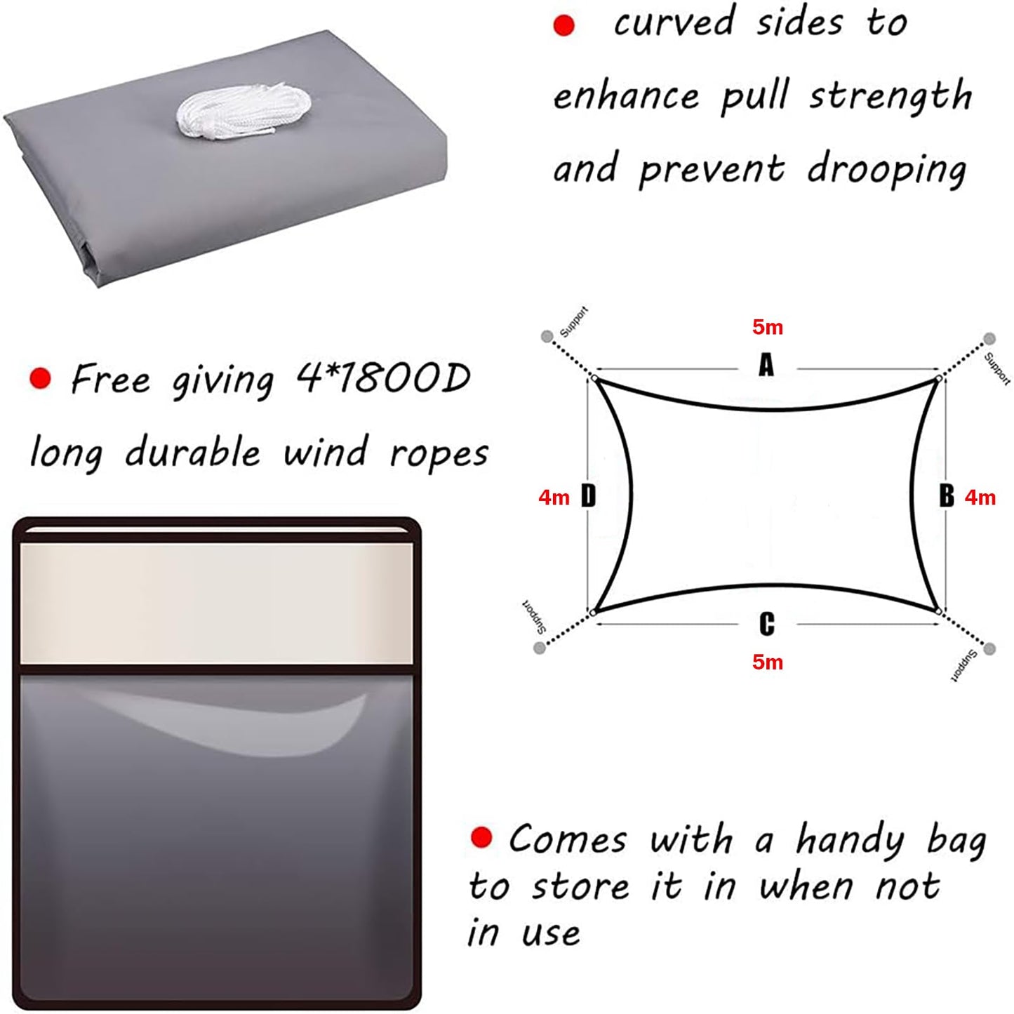 HEYOMART Sun Shade Sail 4m x 5m Rectangle Shade Sails Waterproof Outdoor Garden Patio Party Sunscreen Awning Canopy 98% UV Block With Free Rope, Grey