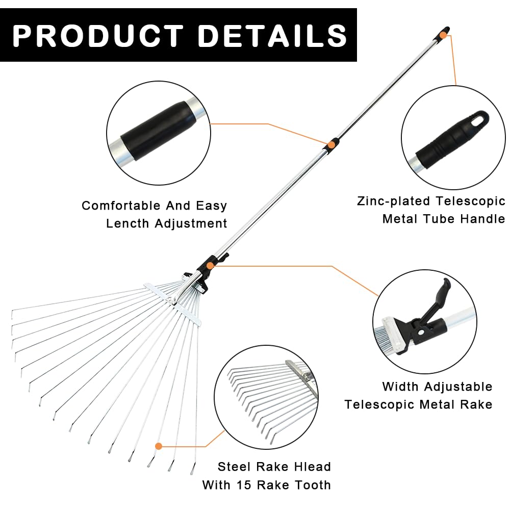 Unibos | Garden Rake | Rake for Gardening | Soil Rake Artificial Grass Leaf Rake 25 tines | Moss Rake for Quick Clean up Lawn & Yard Garden Rakes Gifts | 38-63 inch Adjustable