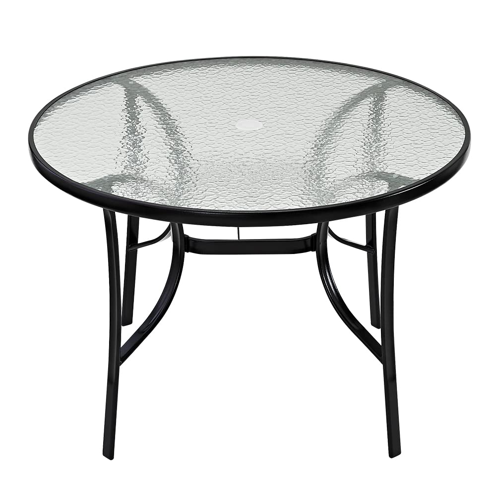 Panana 105cm Round Garden Dining Table with Parasol Hole, Outdoor Coffee Table with Tempered Glass Tabletop and Metal Frame for Conservatory, Patio, Balcony