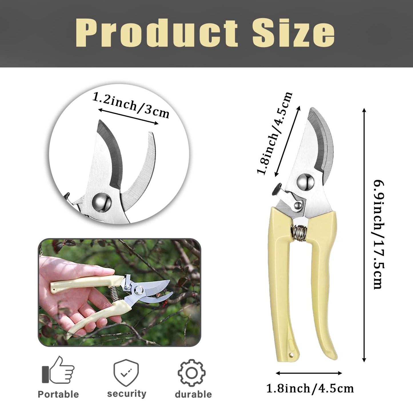 Garden Secateurs, Bypass Pruners, Ivory White Secateurs & Pruning Scissors with Safety Locking Device for Gardening Plants Fruits Flowers Branches