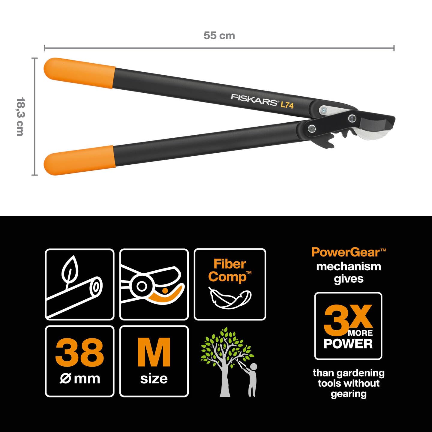 Fiskars PowerGear Loppers Bypass, Hook Head (M) L74, Hook Head, Non-stick coating, Cutting diameter: 3.8 cm, Hardened steel, Length: 55 cm, Black/Orange, 1000582