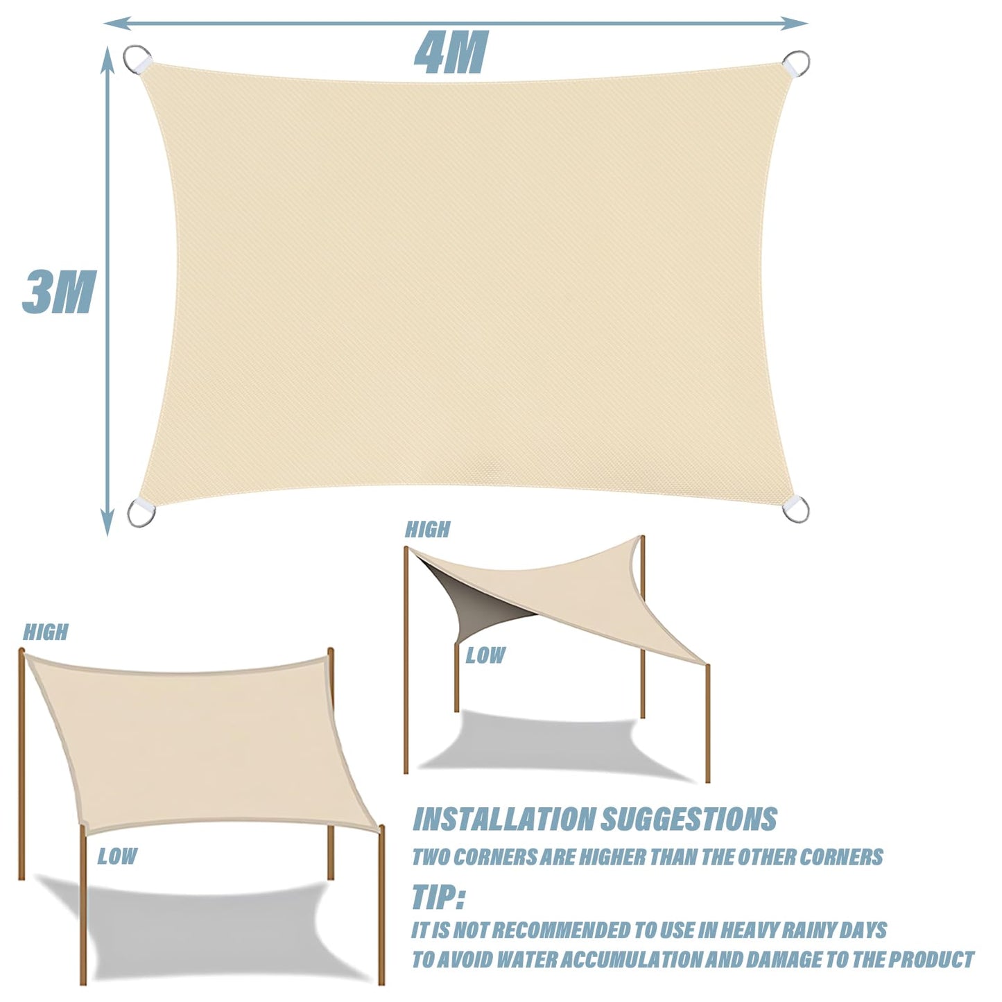 YedZen Rectangle Sun Shade Sail, 3x4m Off-White Waterproof Sunscreen with 304 Fixing Kit Awning Canopy, 420D Fabric 95% UV Block Sunscreen Awning Canopy with Free Rope for Outdoor Garden Patio Camping