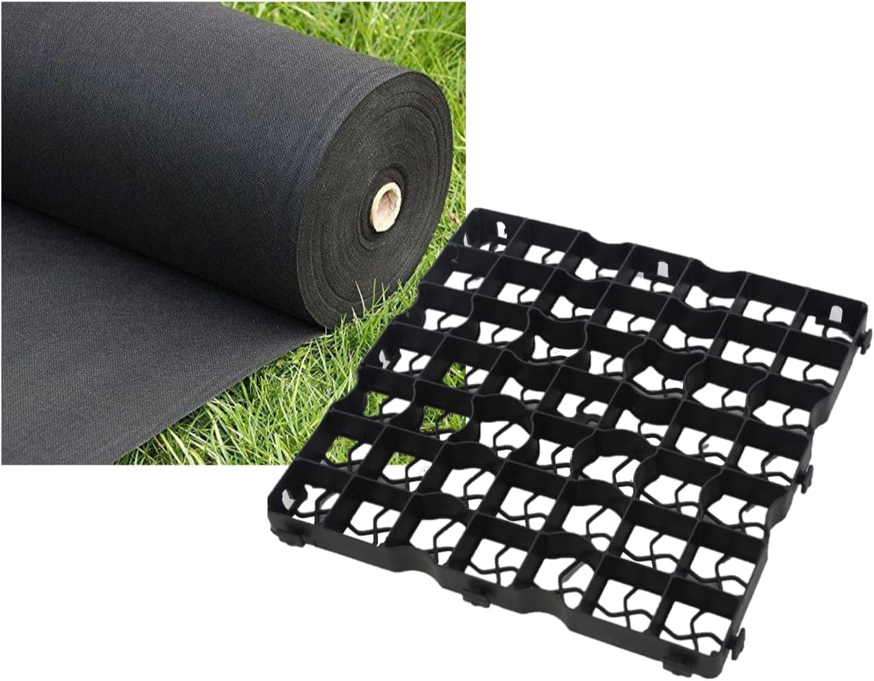 FXDM MEMBRANE INCLUDED - Gravel/Grass Grid Paver Path Base Mat FOR Greenhouse Deck Turf Lawn Shed Garden (12 Grids = 3m²), Black