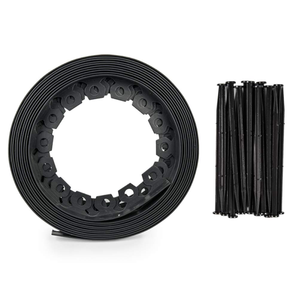 Grey Lawn Edging Border - 10 m / 33 ft Long Flexible Plastic Garden Edging & 20 Securing Pegs - Easy to Cut and Shape - Perfect for Flower Beds, Lawn, Pavement (38 mm High)