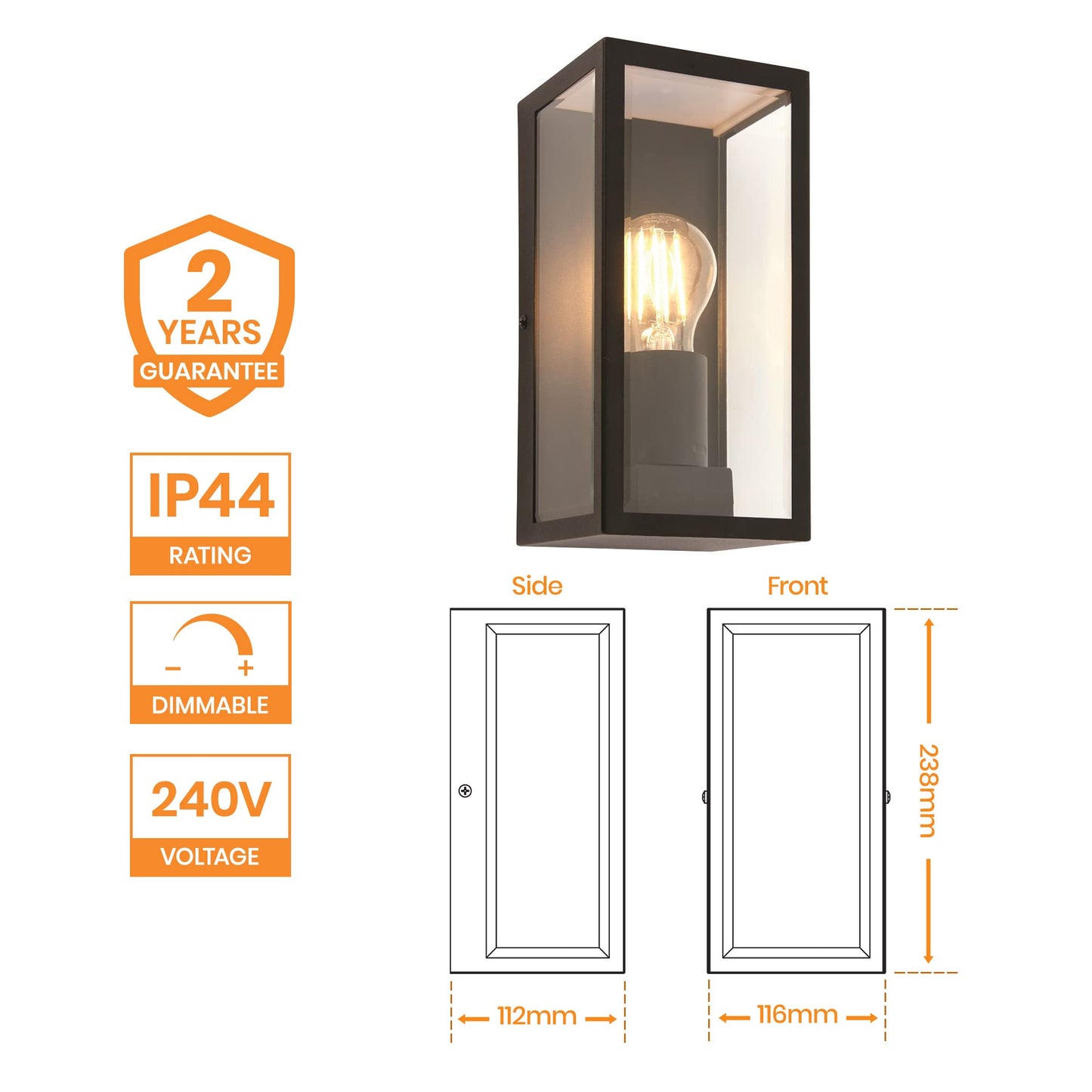 National Lighting Outdoor Wall Light - Matt Black Stainless Steel Boxed Lantern with Glass Panels - IP44 Rated Outside Light - Compatible with 28W 240V E27 Eco GLS or LED E27 (Not Included)