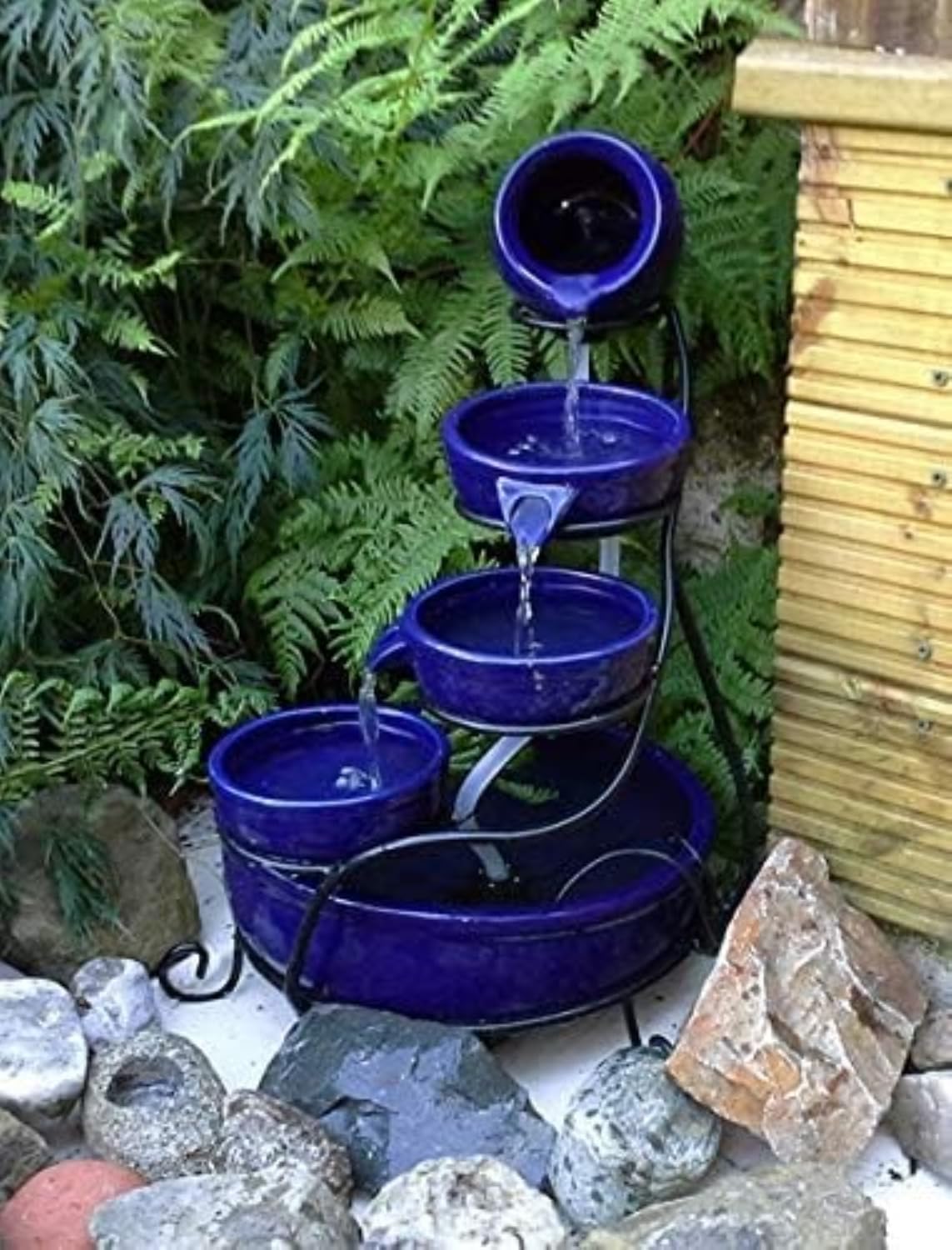 Primrose 55cm Solar Powered Blue Ceramic Outdoor Jug & Dish Water Feature with Battery Backup and LED Lights