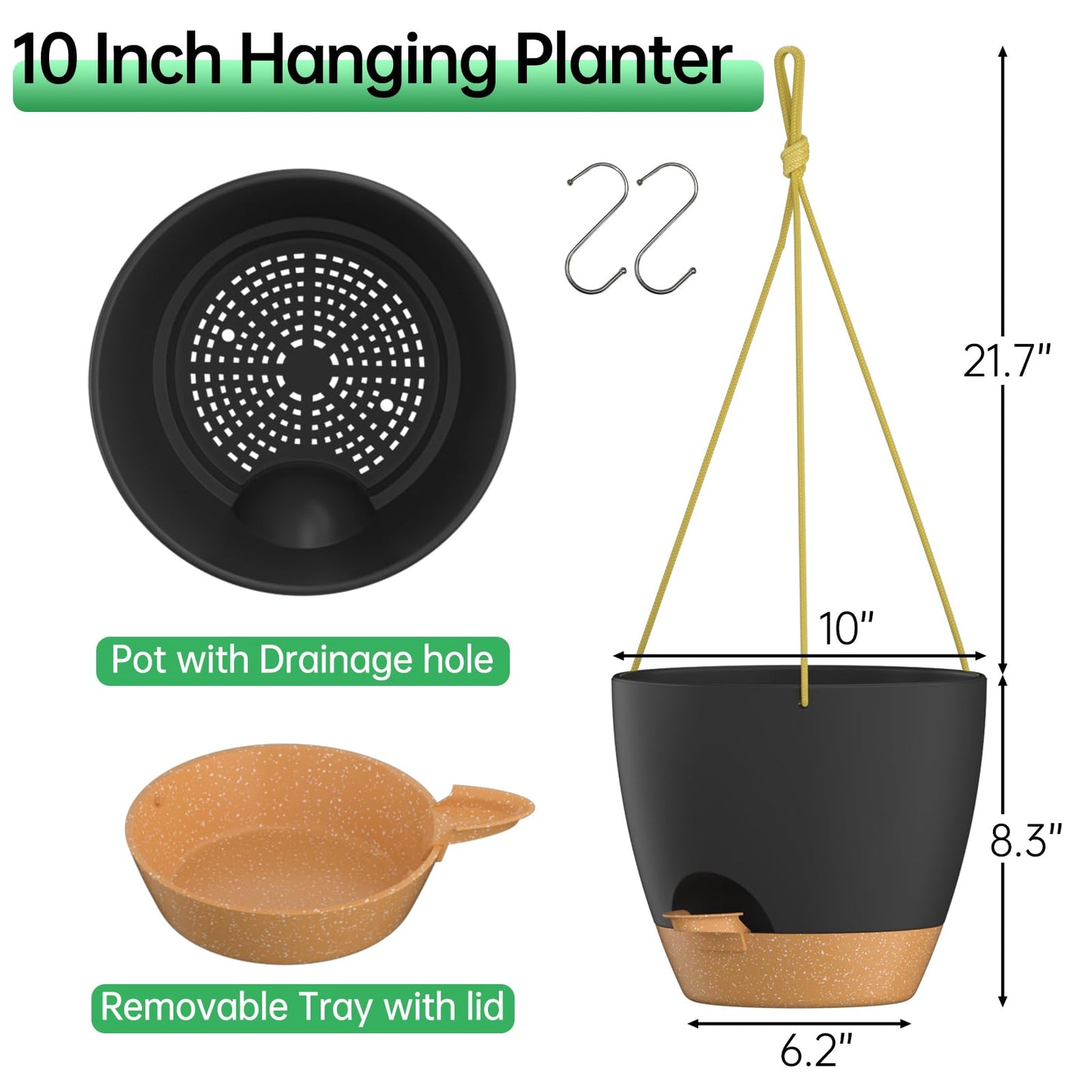 ZMTECH 25cm Hanging Planters with Watering Inlet 10 Inch Self Watering Plant Pot with Drainage Holes and Removable Saucer Plastic Flower Pot for Indoor Outdoor Plants (Black)