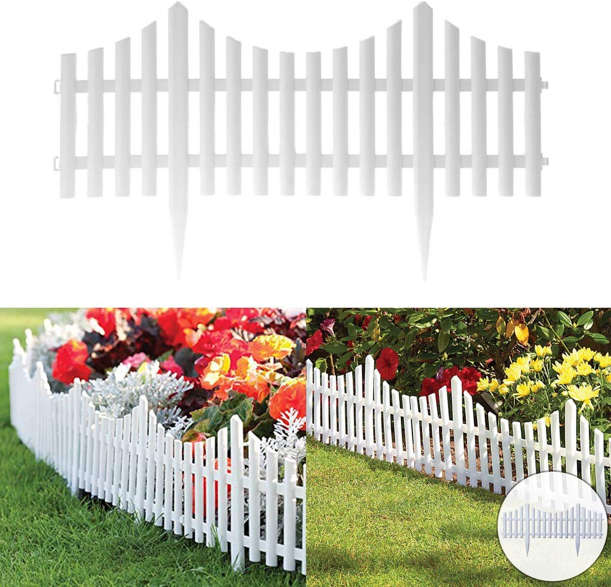 Pack of 8 White Garden Picket Fence Panels/Plastic Lawn Edging For Plant Borders And Flowerbeds (8)